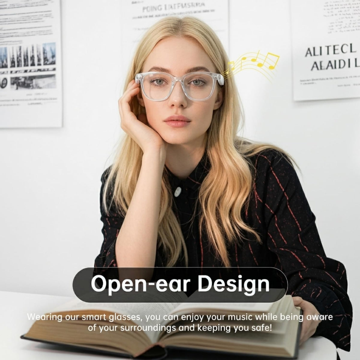 Smart Glasses for Women Men, Bluetooth Glasses with Photochromic Lenses, Touch Control Voice Assistant for Clear Audio, Transparent Frame and White Legs, Wearable Tech Glasses for Working