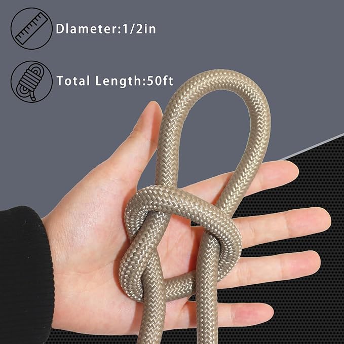 Braided Polyester Rope 12 in x 50 ft Heavy Duty Rope - Strong Outdoor Rope for Tree Work Swing Pulling Sailing Camping Nautical (Brown)