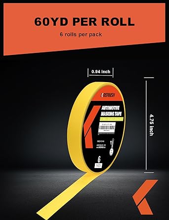 Painters Tape for Cars Vehicles Paint Tape Auto Body Yellow Masking Tape Heat Resistant Automotive Removable No Residue Painting Tape Bulk Set for Paint Booth, 0.94in-60 yards/6rolls