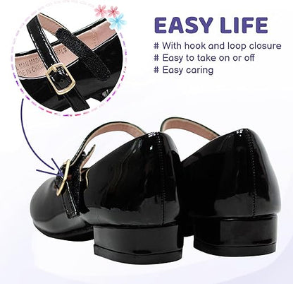 LseLom Girls Dress Shoes-Mary Jane Shoes for Girls Low Heel Princess Hook and Loop Dress Shoes Party Wedding Flats for Little/Big Kids