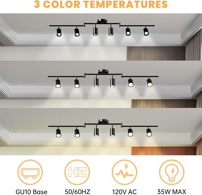 LED 6 Light Track Lighting Kit, 3 Color Adjustable Ceiling Spot Lighting Includes 6 x GU10 Bulb, Modern Track Light Fixture with Rotatable Heads for Kitchen, Living Room, Bedroom