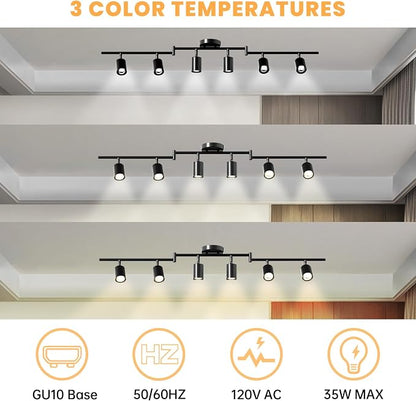LED 6 Light Track Lighting Kit, 3 Color Adjustable Ceiling Spot Lighting Includes 6 x GU10 Bulb, Modern Track Light Fixture with Rotatable Heads for Kitchen, Living Room, Bedroom
