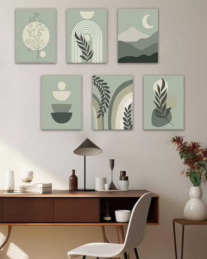 Drsoum Green Boho Wall Art Mid-Century Modern Wall Decor Canvas Framed Print Minimalist Botanical Abstract Geometric Aesthetic Neutral Boho Room Decor for Bedroom, Living Room, Bathroom 12"x16" ,Set