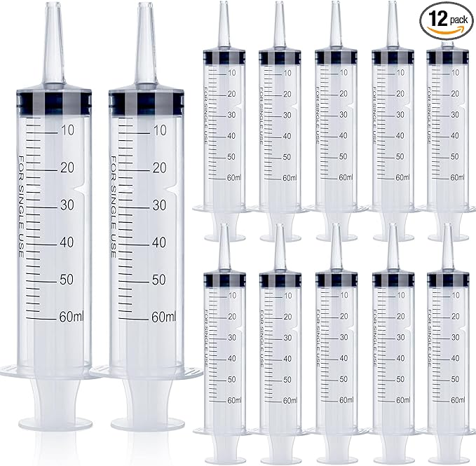 12Pack 60ml Syringe for Liquid - Large Plastic Syringes Without Needle for Jello Shots Food Thick Liquids and Irrigation Water, Lip Gloss Filling, Feeding Dogs Meds, Measuring ( 12 Pack 60 ml  cc )