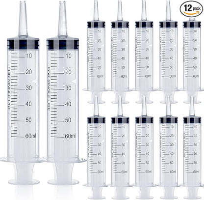 12Pack 60ml Syringe for Liquid - Large Plastic Syringes Without Needle for Jello Shots Food Thick Liquids and Irrigation Water, Lip Gloss Filling, Feeding Dogs Meds, Measuring ( 12 Pack 60 ml  cc )