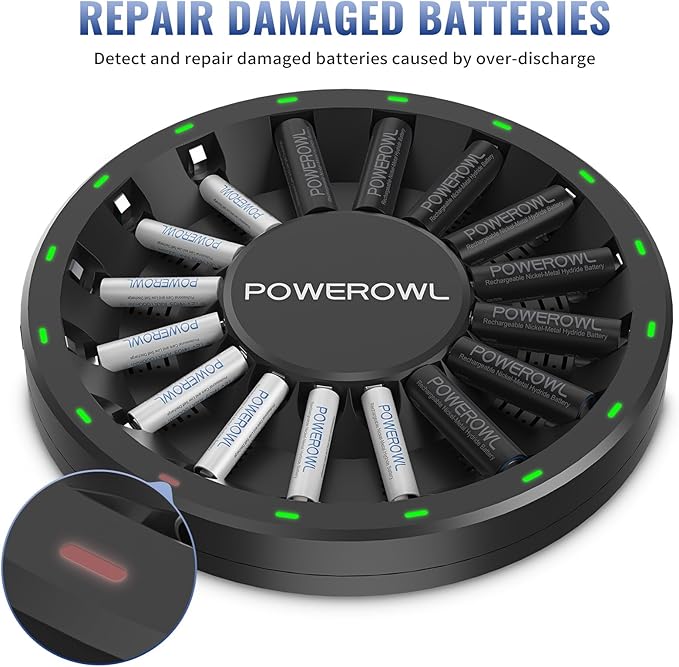 POWEROWL 16 Bay AA AAA Battery Charger (Updated, High Speed Charging) with Smart LED Light and Plug, for NIMH NICD Rechargeable Batteries and More