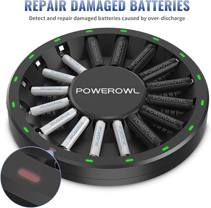 POWEROWL 16 Bay AA AAA Battery Charger (Updated, High Speed Charging) with Smart LED Light and Plug, for NIMH NICD Rechargeable Batteries and More