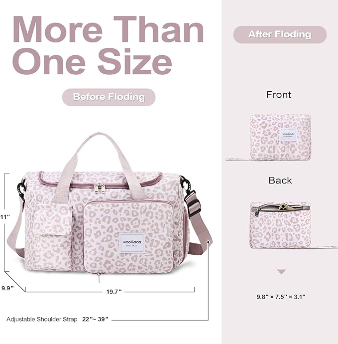 WOOMADA Foldable Travel Duffel Bag with Shoes Compartment, Overnight Bag with Wet Pocket  Trolley Sleeve, Weekender Bags for Women(A-pink leopard)
