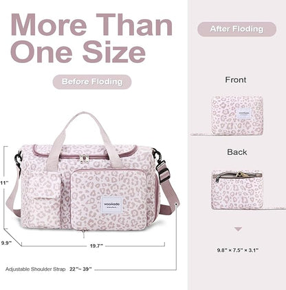 WOOMADA Foldable Travel Duffel Bag with Shoes Compartment, Overnight Bag with Wet Pocket  Trolley Sleeve, Weekender Bags for Women(A-pink leopard)