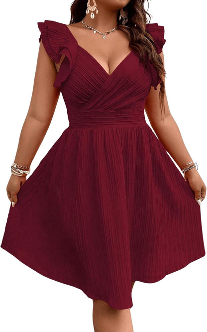 Floerns Women's Plus Size Wrap Front Sweetheart Neck Ruffle Cap Sleeve A Line Dress.