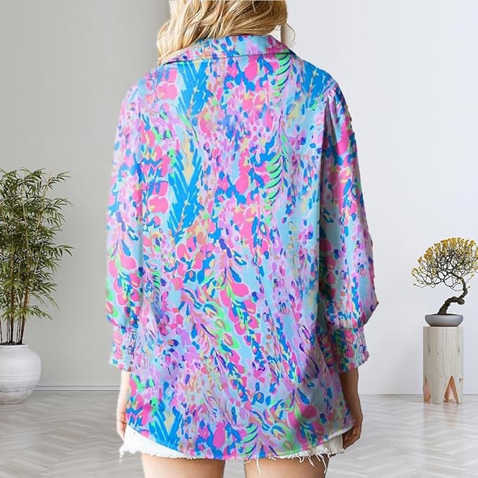 Button Down Shirts for Women Dressy Lantern Long Sleeve Blouses Printed Casual Loose Colorful Blouse Work Tops