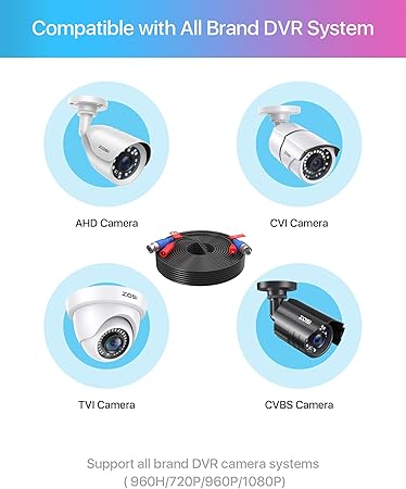 ZOSI 1 Pack 60ft 18m 2-in-1 Video Power Cable, BNC Extension CCTV Surveillance Camera Cables for 960H,720P,960P,1080P Video Security Systems (Included 1X BNC Connectors and 1X RCA Adapters)