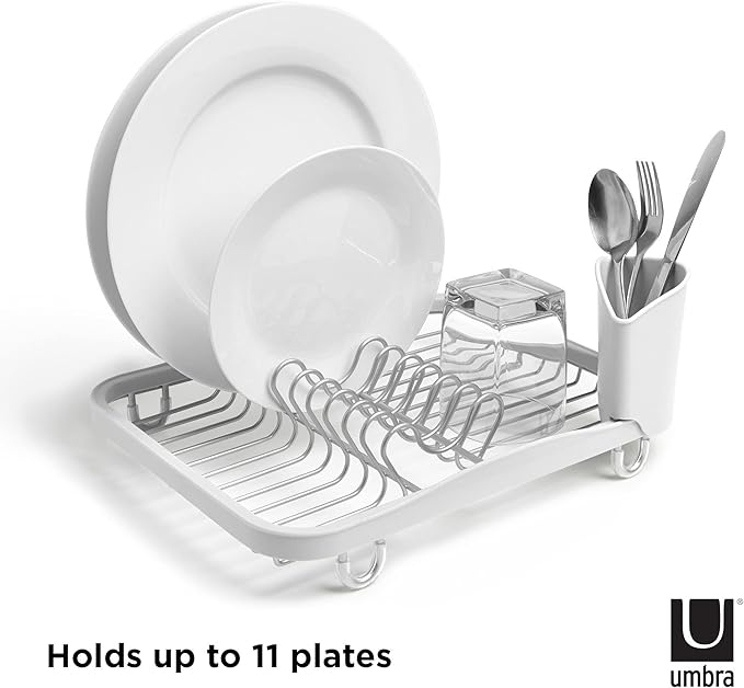 Umbra Sinkin Dish Drying Rack  Drainer Caddy with Removable Cutlery Holder  Use In Sink or On Counter, Standard, WhiteNickel