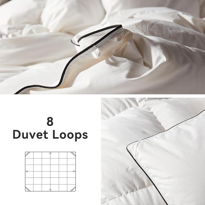 Alanzimo Luxurious Goose Feather Down Fiber Comforter Oversized King, 100 Organic Cotton Cover Wihte Duvet Insert, Hotel Grade All Season Bedding Comforters 116x98 with 8 Tabs