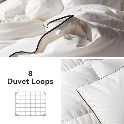 Alanzimo Luxurious Goose Feather Down Fiber Comforter Oversized King, 100 Organic Cotton Cover Wihte Duvet Insert, Hotel Grade All Season Bedding Comforters 116x98 with 8 Tabs