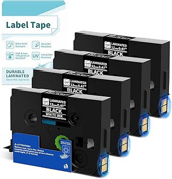 TZe-335 Label Tape Replacement for Brother P Touch Label Tape TZe TZ Tape 12mm 0.47 Laminated Black Label Maker Tape TZe335 for Brother PT-D210 PT-D220 PT-H110 Labeler, White on Black 4-Pack