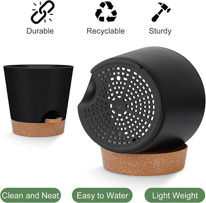 Indoor self-watering pots with drainage holes and saucers, 8, 7, 6.5, 6, 5.5, 5 inches, black color, 6 pots