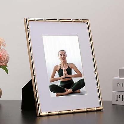 8x10'' Bamboo Detail Gold Metal Picture Frame with Acid Free Mat for 5x7'' Set of 2, Narrow Gold Plated Photo Frames 5 x7'' With Soft Touch Velvet Backing for Desktop and Wall Decor(Dark Gold)