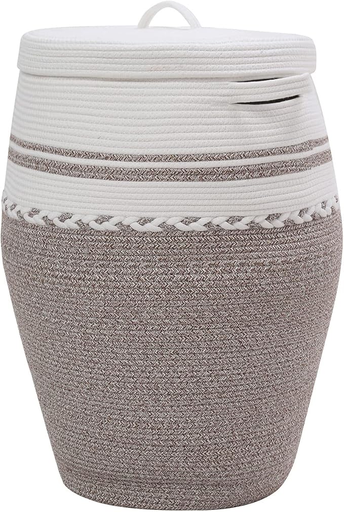 26"x20" Tall Extra Large Storage Basket with Lid, Cotton Rope Storage Baskets, Woven Hamper with Cover, Clothes Bin, WhiteDeep Camel White Mix