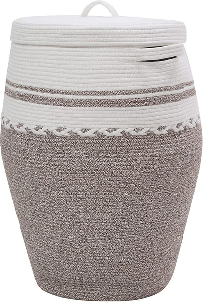 26"x20" Tall Extra Large Storage Basket with Lid, Cotton Rope Storage Baskets, Woven Hamper with Cover, Clothes Bin, WhiteDeep Camel White Mix
