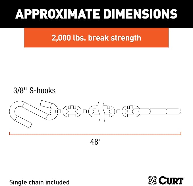 CURT 80010 48-Inch Trailer Safety Chain with 38-In S-Hooks, 2,000 lbs Break Strength