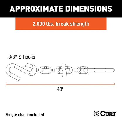 CURT 80010 48-Inch Trailer Safety Chain with 38-In S-Hooks, 2,000 lbs Break Strength