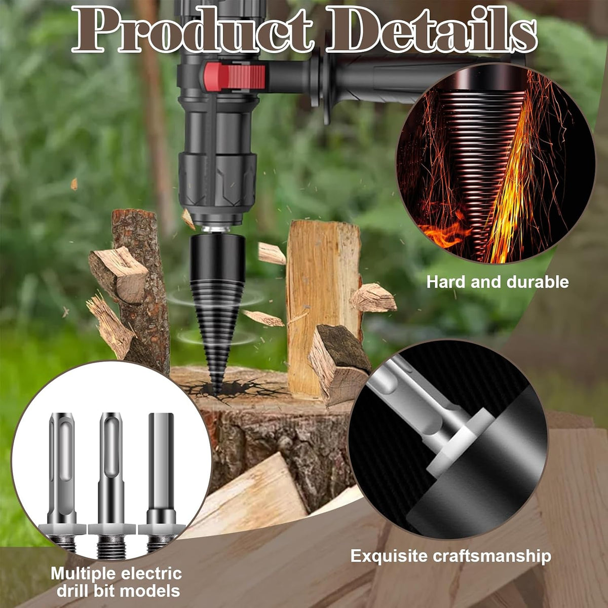 Electric Log Splitter Drill Bit 32mm Wood Splitting Cone Bit with 3 Handle Types Steel Wood Cracking Tool for Firewood Splitting Outdoor Camping Farm Use Heavy-Duty Efficiency