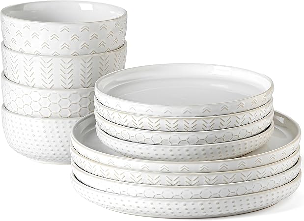 Lareina Plates and Bowls Sets, Dinnerware Sets 12 Piece Service for 4, Ceramic Dining Dinner Ware Service for 4, White
