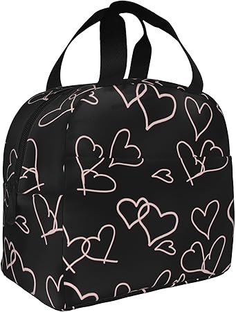 Cute Lunch Bags for Women Lunch Bag for Women,Reusable Insulated Lunch Box Thickening Insulated Cooler Bags for Work Picnic or Travel-Black Love Heart