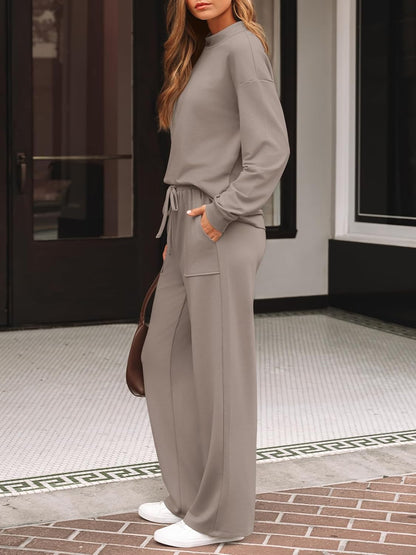LILLUSORY Womens Two Piece Lounge Sets Mock Turtleneck Tops Wide Leg Drawstring Pants Sweatsuit with Pockets.