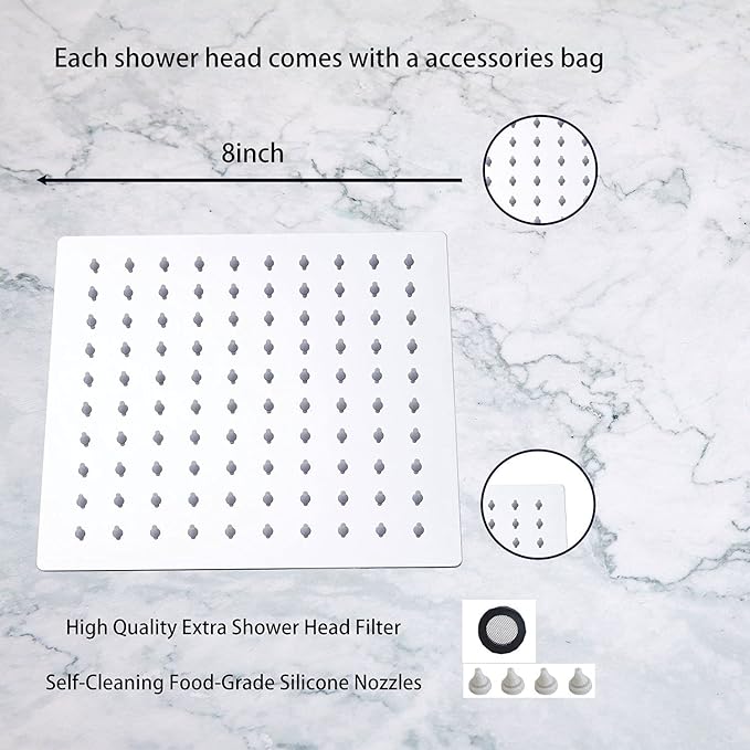 GGStudy Square 8 Inch Square Stainless Steel Shower Head - Rain Style Shower Head Chrome