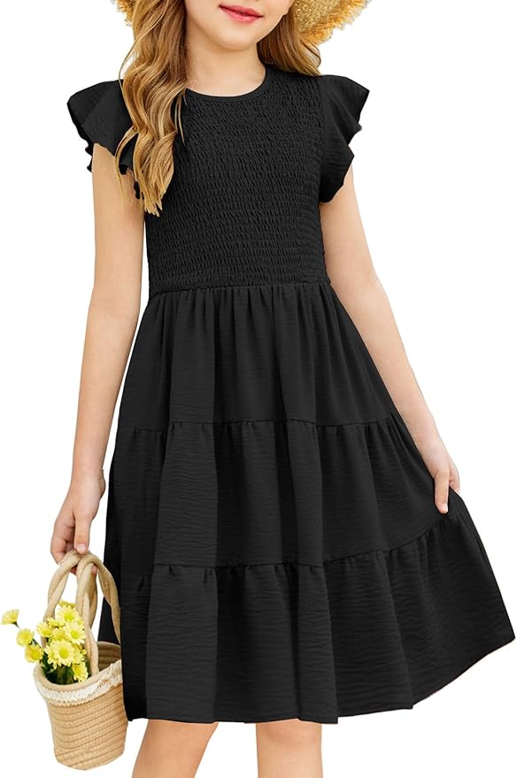 Arshiner Girls Dress Summer Ruffle Sleeve Smocked Tiered Casual Party Sundress with Pockets