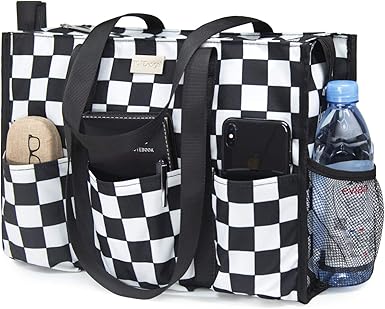 TOPDesign Utility Water Resistant Tote Bag with 13 Pockets, Top Zipper Closure  Thick Bottom Support, for Working Women