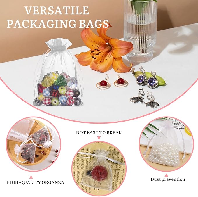 100PCS Sheer Organza Bags With Drawstring for Wedding Favor, Party, Favor Jewelry, Candy, Birthday, Christmas, Festival, Soaps, Makeup,Wrapping Supplies, 4.72 x 4 Inch Small Mesh White Gift Bags.