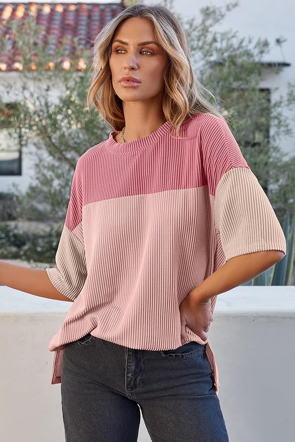 Women's Pink Color Block Half Sleeve Top with Ribbed Side Slits
