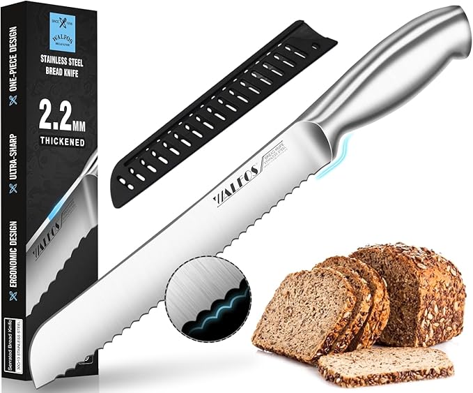 Walfos 8 Inch Bread Knife with Sheath, Serrated Bread Knife with Upgraded Stainless Steel, Ultra-Sharp, Bread Slice Knife for Slicing Homemade Bread, Bagels, Cake