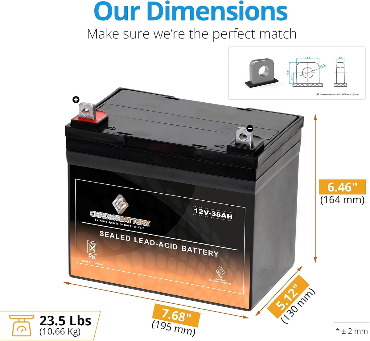 CB CHROMEBATTERY 12V 35AH T3 Maintenance-Free Battery for Alarm Systems, Scooters, Toys, Emergency Lights, and More - Nut and Bolt (T3) Terminal