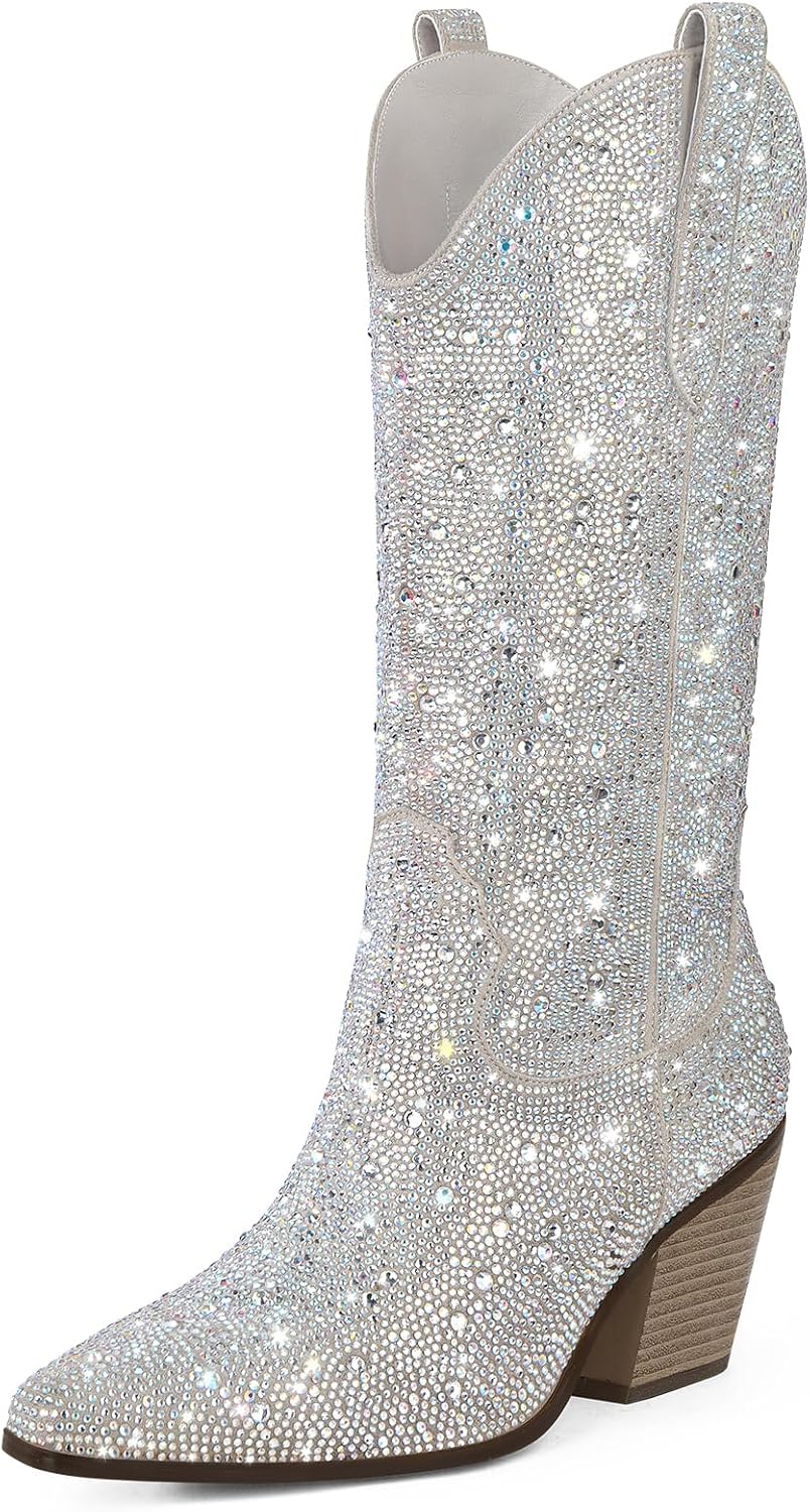 Women's Rhinestone Mid Calf Boots Sparkly Block Heel Cowboy Boots Glitter Boots