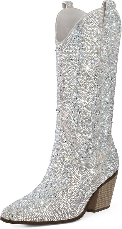 Women's Rhinestone Mid Calf Boots Sparkly Block Heel Cowboy Boots Glitter Boots