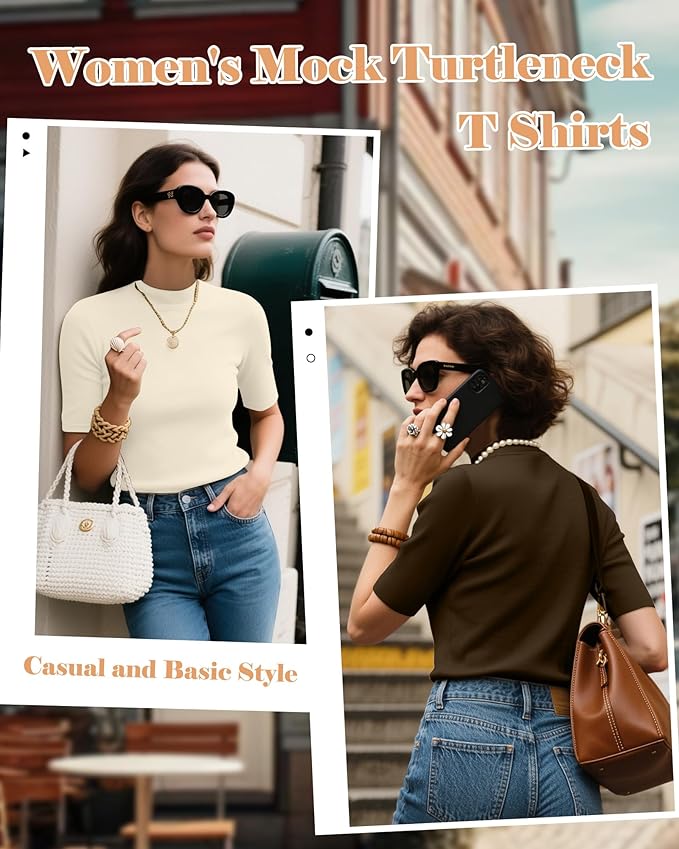 Ficerd 2 Pack Women's Mock Turtleneck T Shirts, Half Sleeve Business Casual Tunic Tops Slim Fit Summer Basic Dressy Tee Shirt