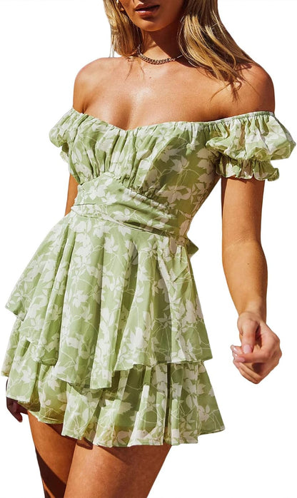 Fixmatti Women Boho Romper Off Shoulder Ruffle Chiffon Shorts Jumpsuit Playsuits