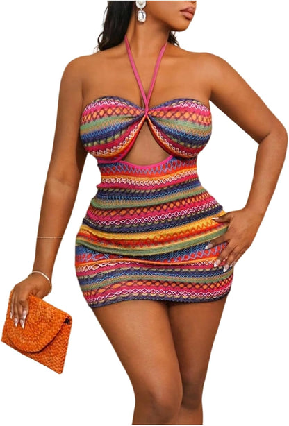 Women's Cut Out Striped Halter Dress Boho Bodycon Mini Dresses