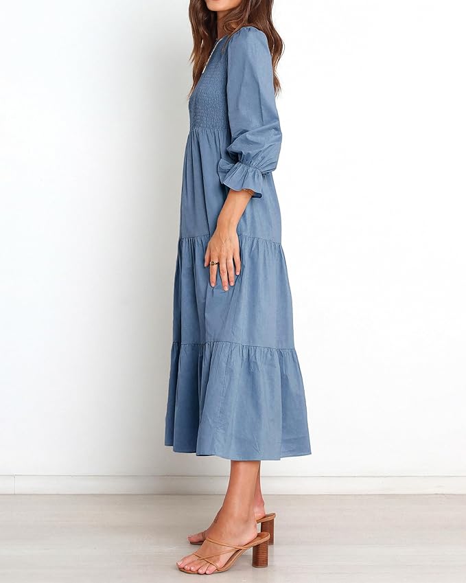 BTFBM Women Casual Long Sleeve Crew Neck Fall Dress Bohemian Relaxed Fit Floral Flowy Maxi Dresses Tiered Cocktail Dress