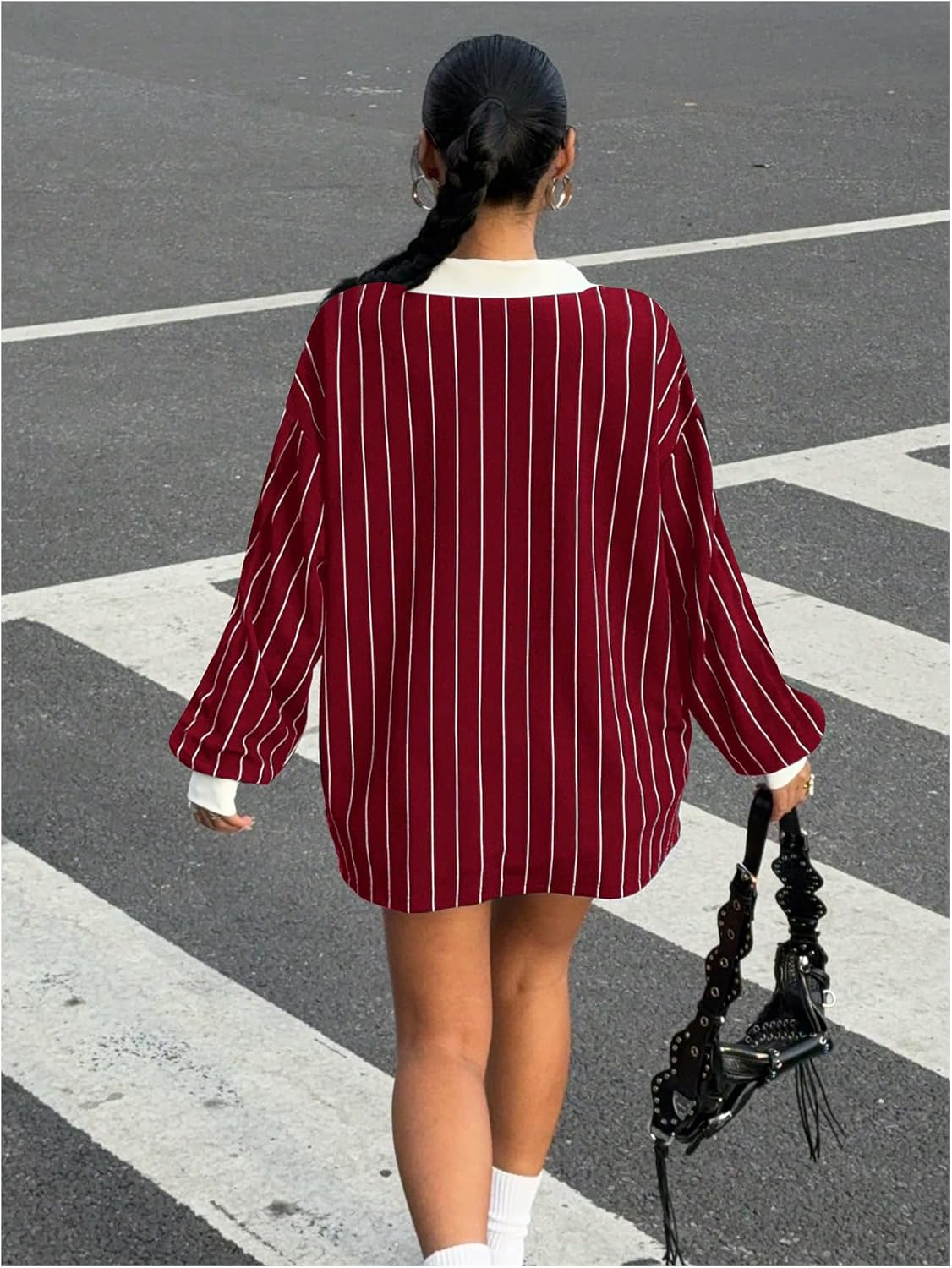 SOLY HUX Women's Oversized Tees Striped Letter Print Y2k Jersey T Shirt Collar V Neck Long Sleeve Loose Tops