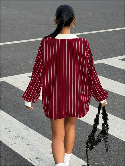 SOLY HUX Women's Oversized Tees Striped Letter Print Y2k Jersey T Shirt Collar V Neck Long Sleeve Loose Tops