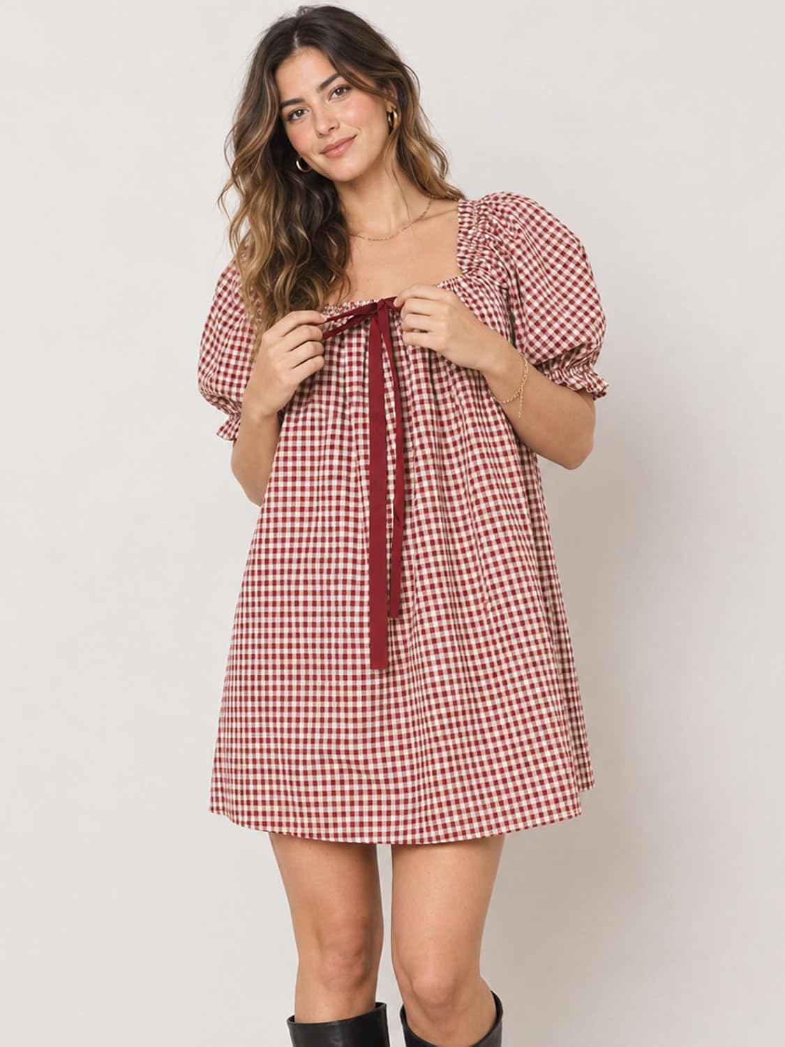 Women's Plaid Babydoll Short Dress Puff Sleeve Cute Tie Mini Dress Gingham Spring Dresses