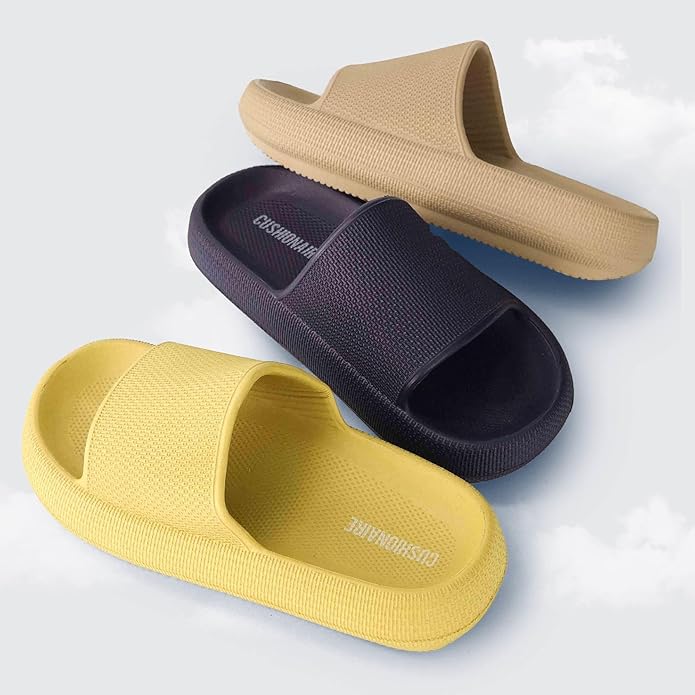 CUSHIONAIRE Feather Slides  Comfortable Cloud Cushion House Slippers for Women, Indoor Outdoor EVA Foam Foot Spa Shower Shoes, Non-Slip Arch Support