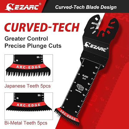 EZARC Oscillating Saw Blades - 10 PCS Extra-Long Reach Arc Edge Multitool with Japanese Teeth, CRV and Bi-Metal Clean Cut for Wood Metal, Universal Quick Release Tool Kits