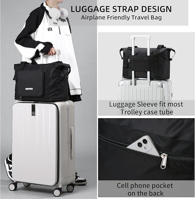 Hanke Expandable Foldable Travel Duffel Bag Collapsible Carry On Bag with Luggage Strap for Airplanes, Water Resistant Weekender Overnight Bag Fits for Men Women