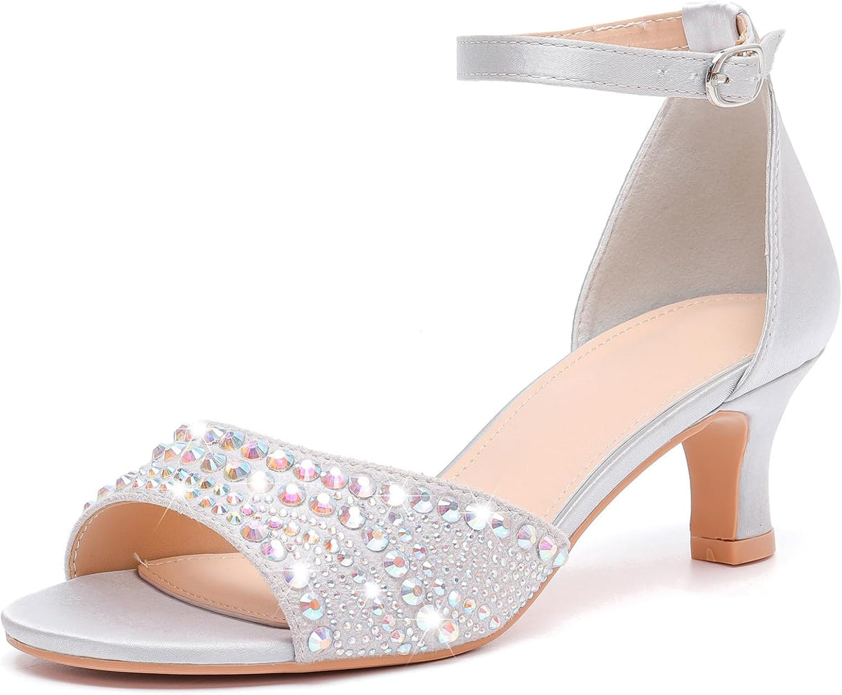 DADAWEN Women's Dressy Rhinestone Low Kitten Heel Ankle Strap Open Toe Sandals Dress Shoes Pump Sandals for Wedding Party Evening.